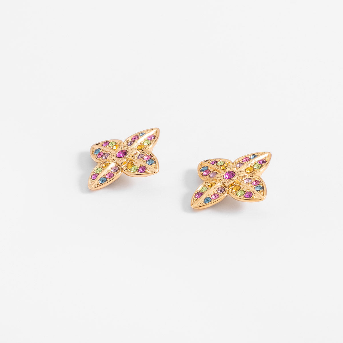 Aretes en baño de oro diseño flor con piedras multicolor, foto 2 de 5