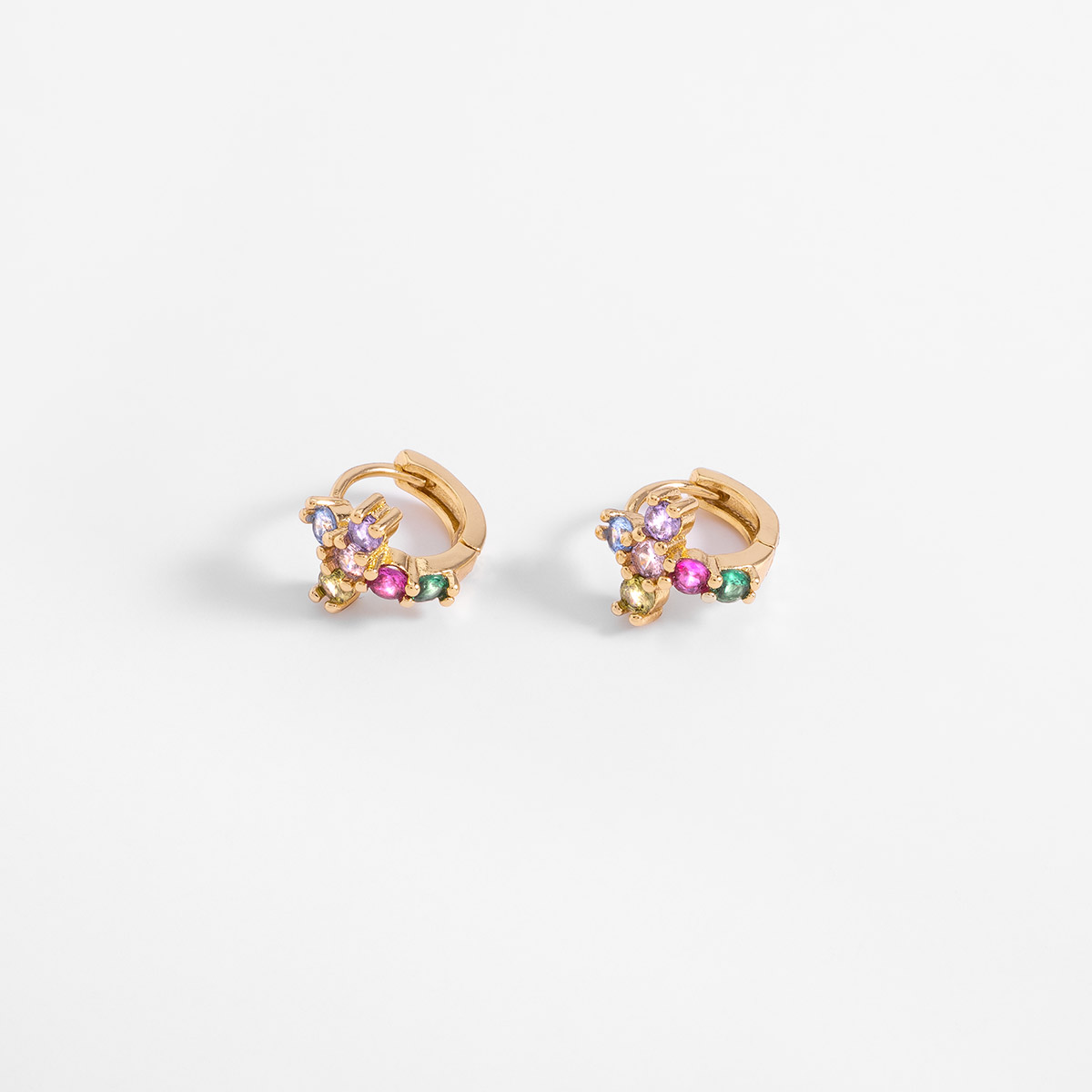 Aretes en baño de oro con piedras multicolor forma cruz 1.1 cm, foto 2 de 4