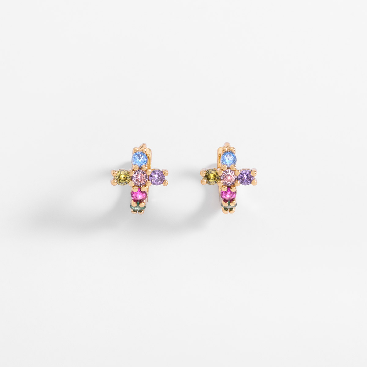 Aretes en baño de oro con piedras multicolor forma cruz 1.1 cm, foto 3 de 4